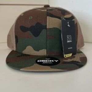 Flat Bill Trucker Hat: Camo-Tan